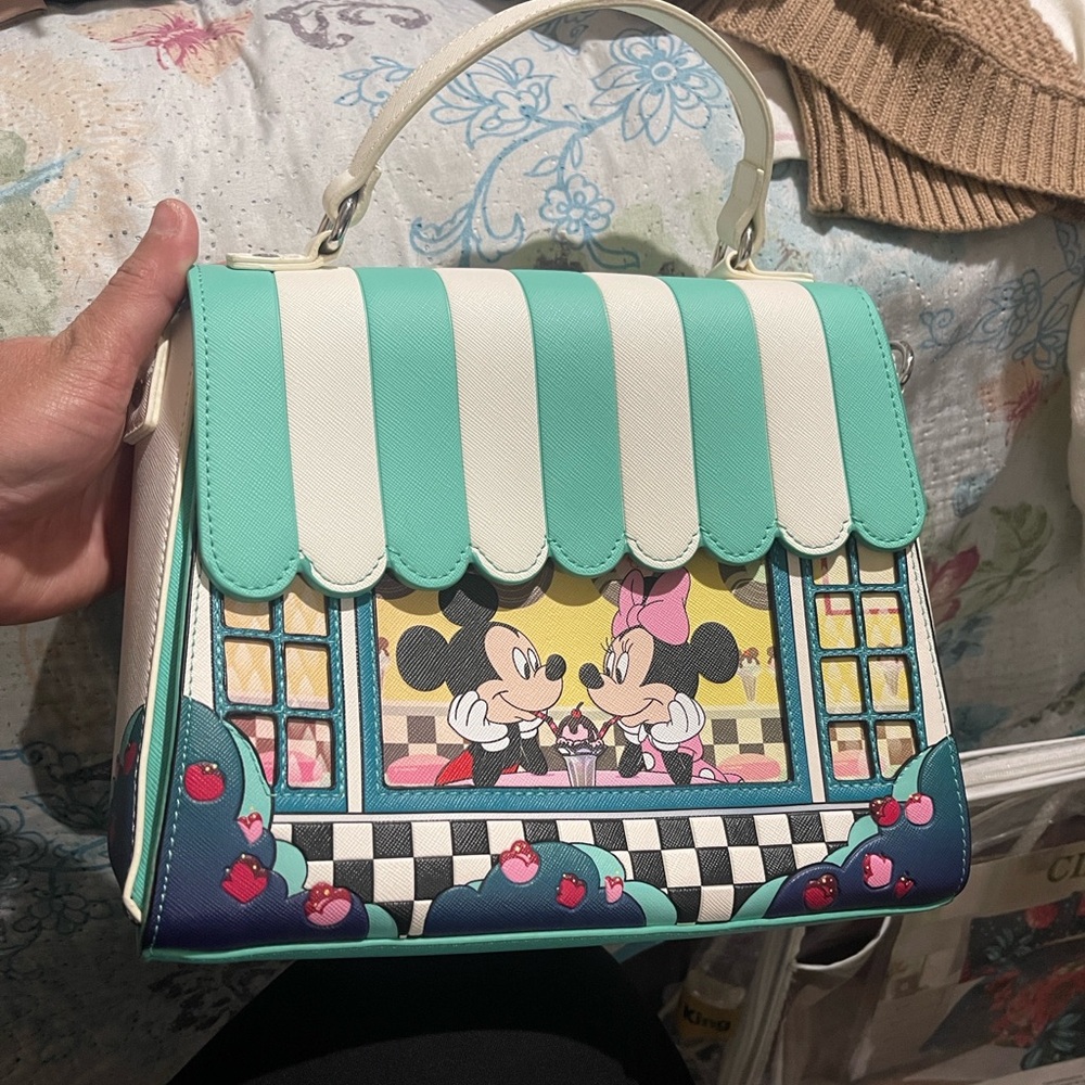 Disney Teal and White Striped Satchel with Mickey Design